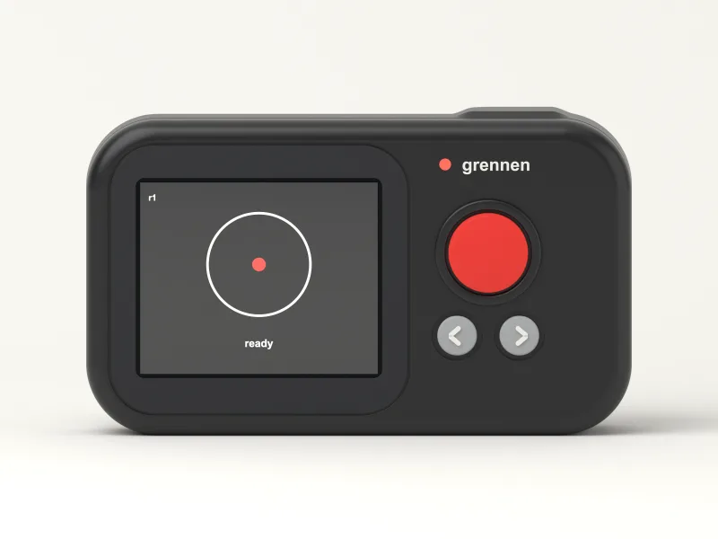 Grennen R1 from the front: a screen, a large red button and two small keys